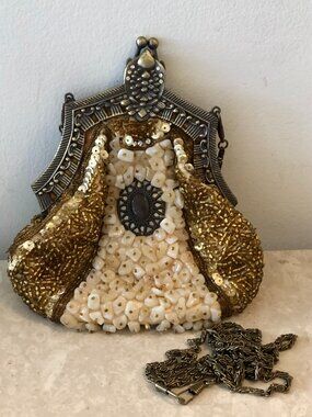 Gold & Cream Beaded Bejeweled Handbag Evening Clutch